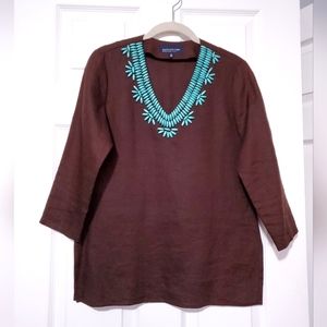 Jones New York 100% linen wood bead top blouse brown turquoise PP XS petite